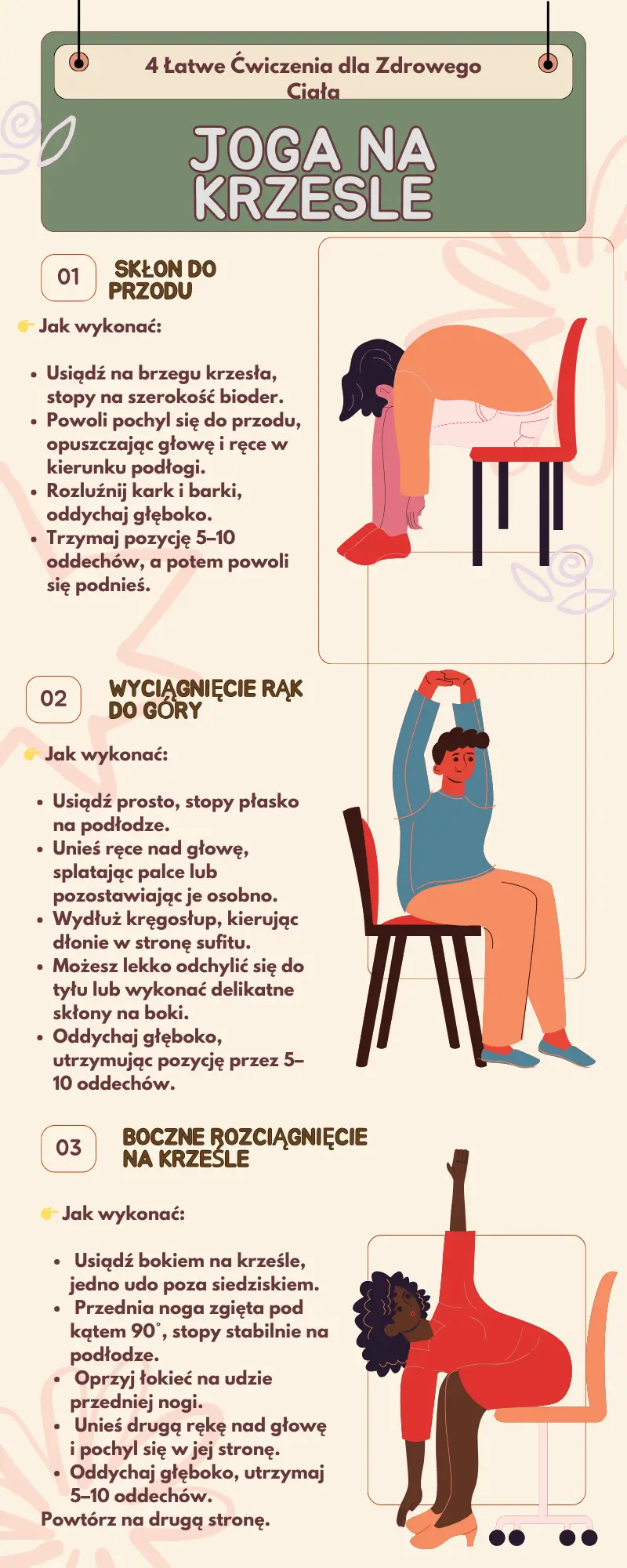 Infografika przedstawiająca trzy pozycje jogi na krześle. Każda pozycja zilustrowana grafiką i krótką instrukcją wykonania. Ćwiczenia pomagają rozluźnić ciało, poprawić postawę i zredukować napięcie.