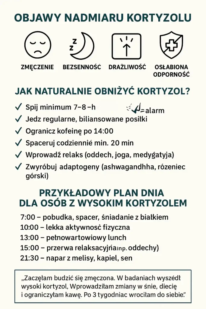 Infografika przedstawiająca objawy nadmiaru kortyzolu (zmęczenie, bezsenność, drażliwość, osłabiona odporność), sposoby naturalnego obniżenia poziomu kortyzolu oraz przykładowy plan dnia wspierający równowagę hormonalną.