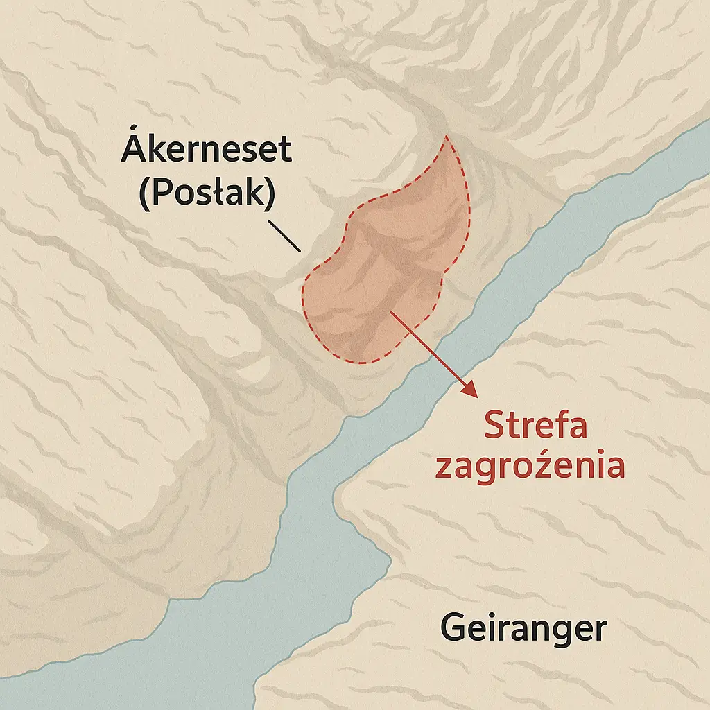 Strefa zagrożenia osuwiskiem góry Åkerneset (Posłak) nad fiordem Geiranger w Norwegii