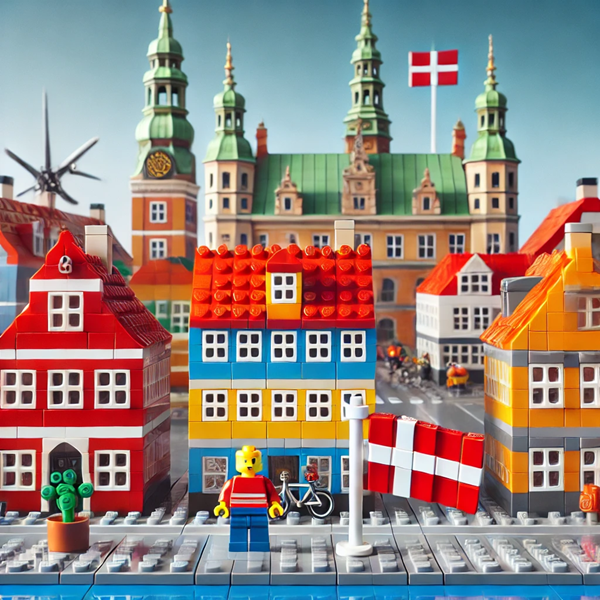 LEGO scena przedstawiająca duńskie miasto z kolorowymi budynkami w stylu Nyhavn, minifigurką trzymającą flagę Danii i zamkiem Kronborg w tle.