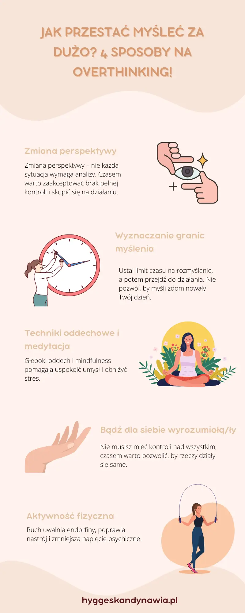 Infografika przedstawiająca 4 sposoby na poradzenie sobie z overthinkingiem, pomagająca przestać myśleć za dużo i przejść do działania.
