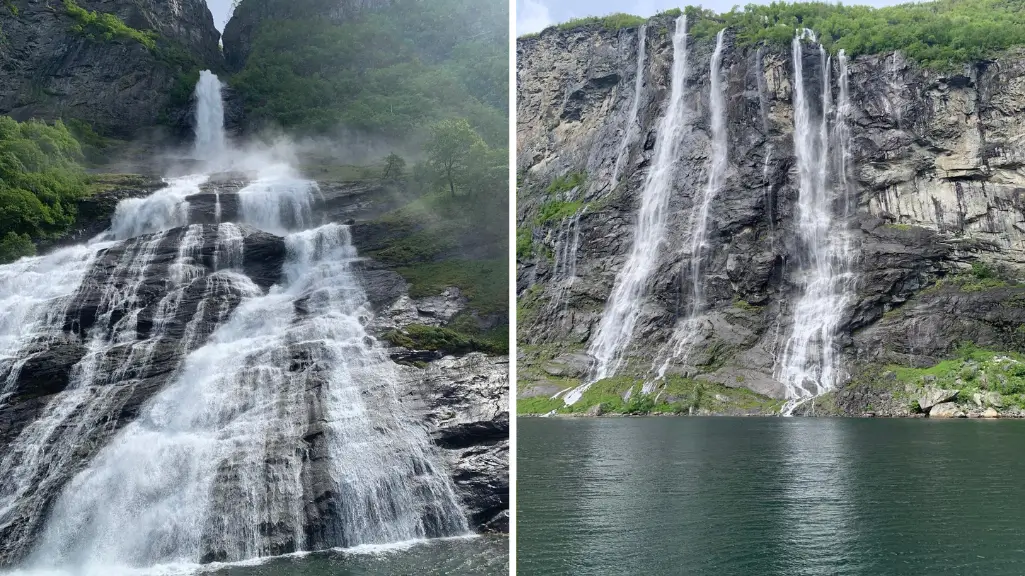 Dwa efektowne wodospady spływające do fiordu Geiranger w Norwegii