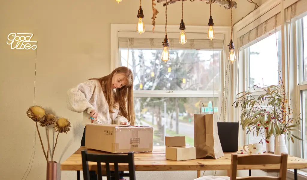 Kobieta robiąca porządki w jasnym, minimalistycznym wnętrzu w stylu hygge