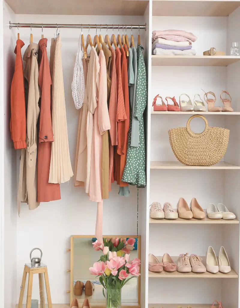 Szafa uporządkowana w minimalistycznym stylu z kilkoma ubraniami na wieszakach i neutralną kolorystyką