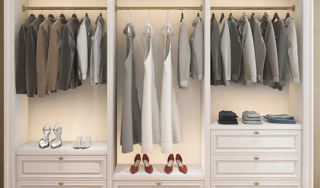 Estetyczna, minimalistyczna szafa z jasnymi ubraniami wiszącymi w równych odstępach