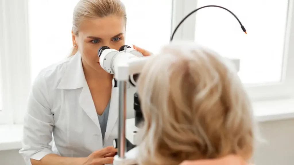 Pacjent podczas badania wzroku u optometrysty w salonie optycznym