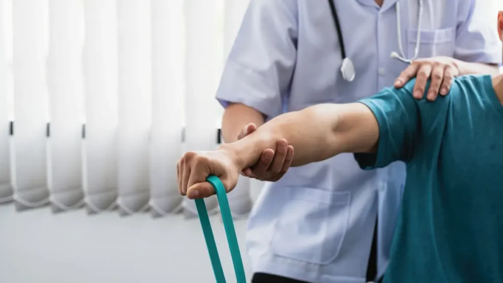 Pacjent podczas zabiegu rehabilitacyjnego z fizjoterapeutą w gabinecie