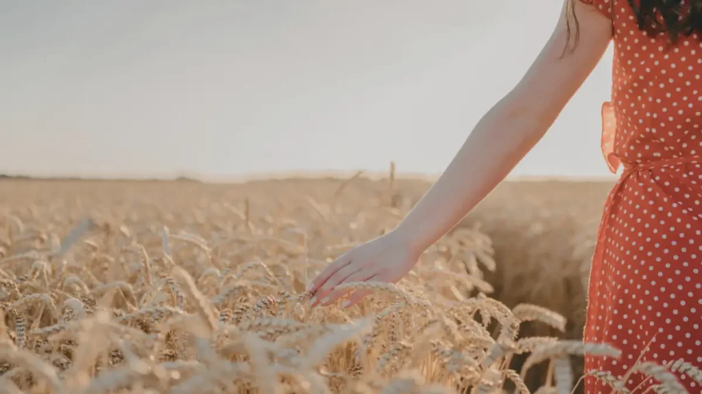 Kobieta spacerująca po polu w promieniach słońca – naturalny sposób na redukcję stresu i obniżenie poziomu kortyzolu.
