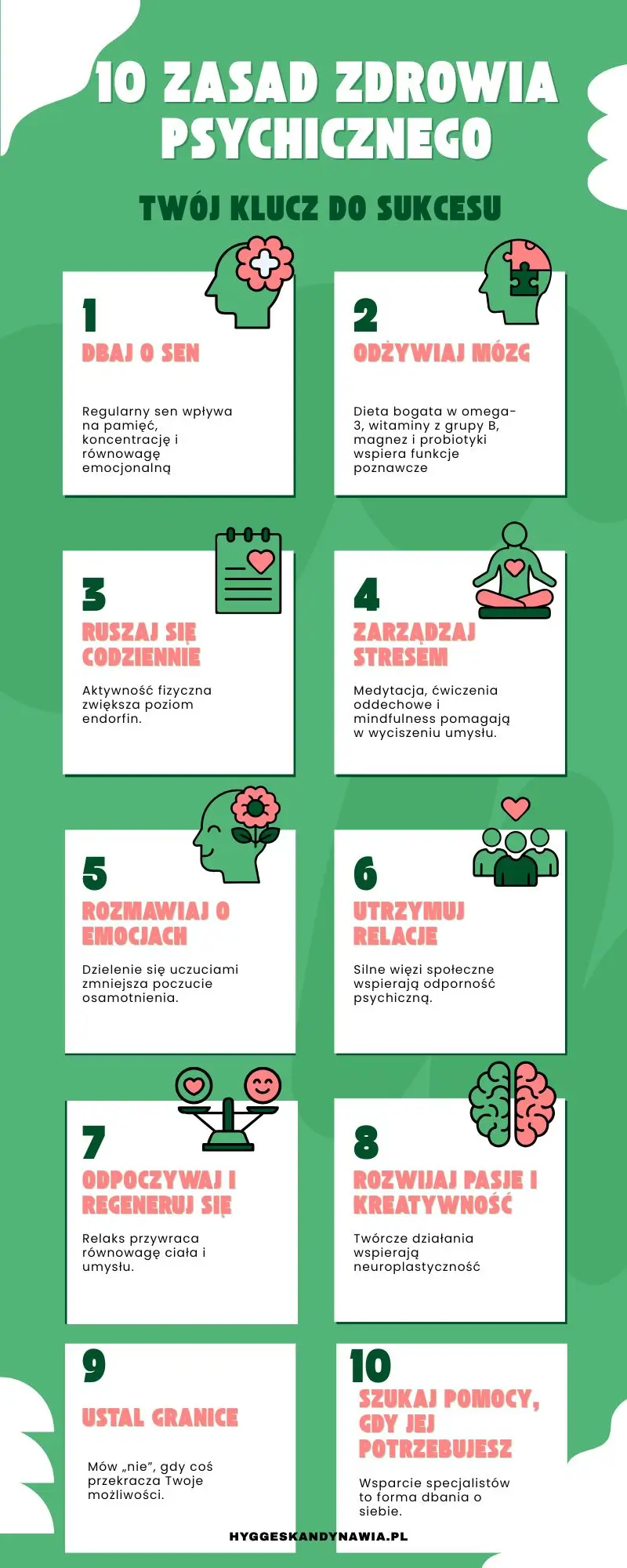 Infografika przedstawiająca dziesięć kluczowych zasad zdrowia psychicznego, takich jak dbanie o sen, zdrowe odżywianie, codzienna aktywność fizyczna, redukcja stresu, rozmowa o emocjach, utrzymywanie relacji, odpoczynek, rozwijanie pasji, ustalanie granic oraz korzystanie z pomocy specjalistów.