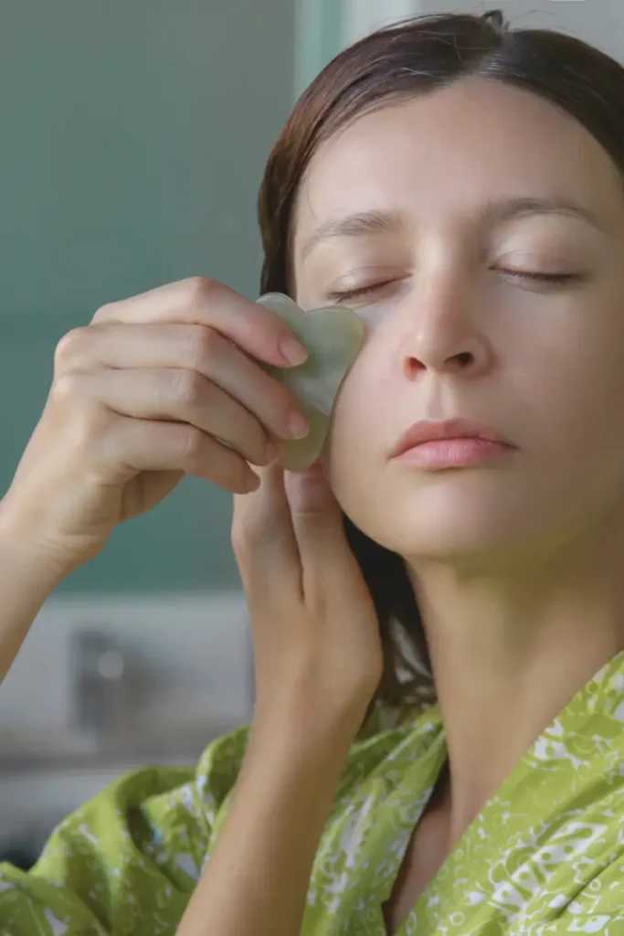 Kobieta wykonująca masaż Gua Sha w domowym zaciszu