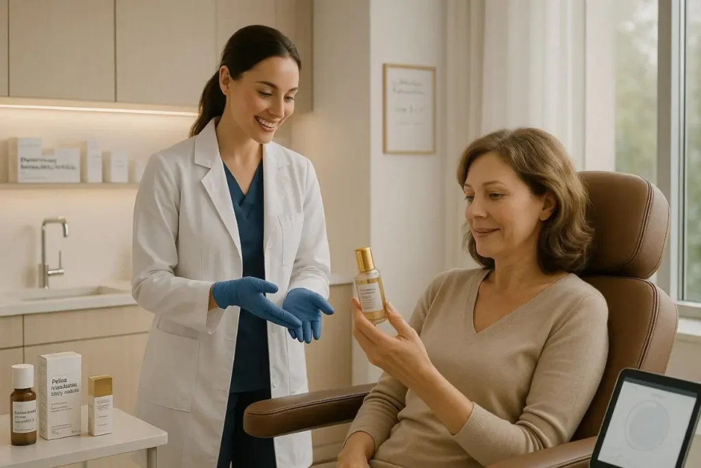 Specjalista kosmetolog podczas konsultacji z klientką – dobór odpowiednich kosmetyków do skóry i włosów, bezpieczeństwo formuł oraz potwierdzona skuteczność produktów