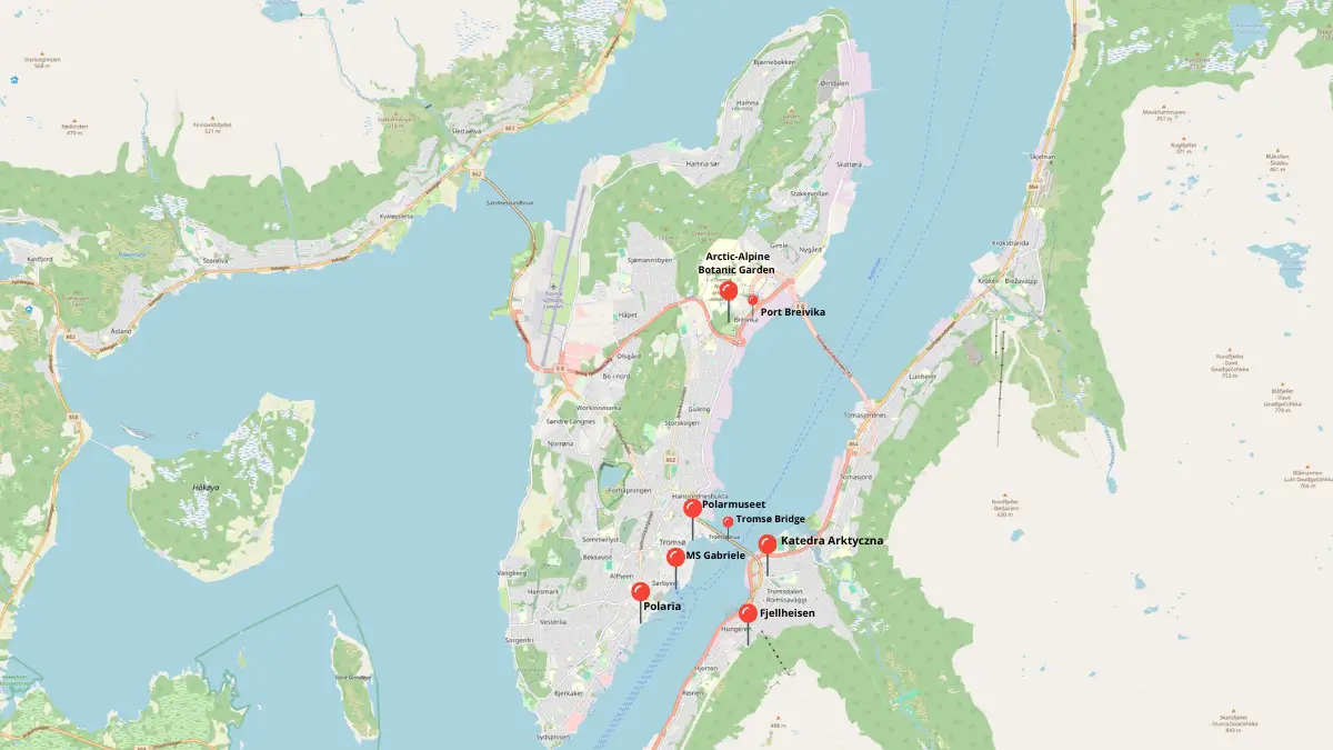 Mapa atrakcji w Tromsø – lokalizacja najciekawszych miejsc i punktów widokowych w mieście