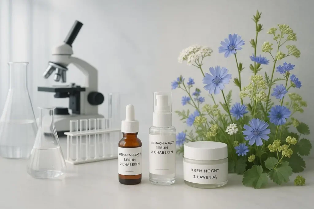 Mikroskop obok pojemników z polskim kremem na noc z lawendą i wzmacniającym serum z chabrem