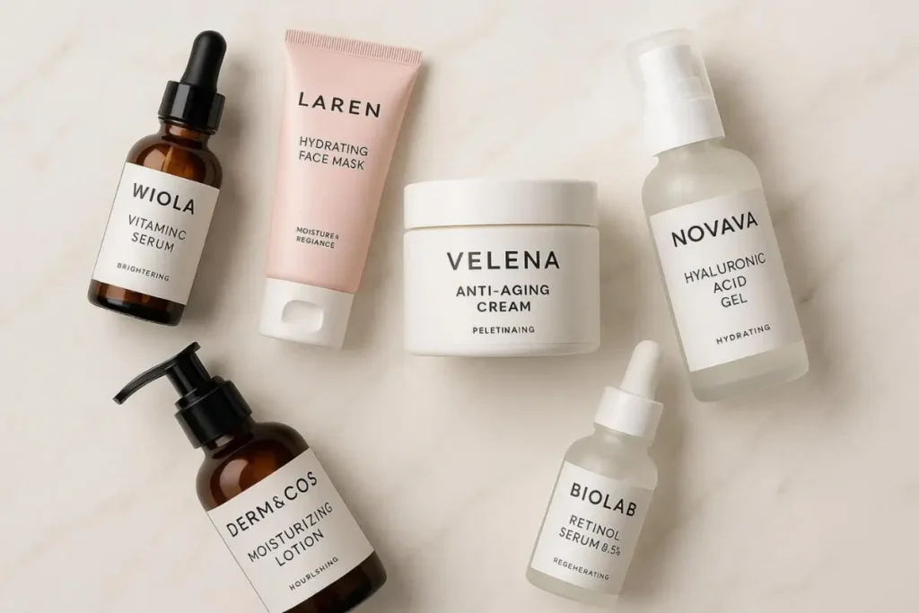 Różne serum i kremy pielęgnacyjne polskich marek kosmetycznych na tle naturalnych składników