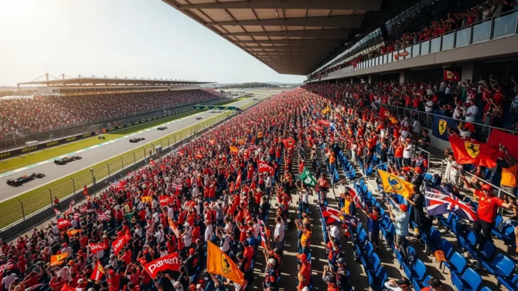 Samochody Formuły 1 rywalizujące podczas wyścigu na torze, z kibicami na trybunach w tle