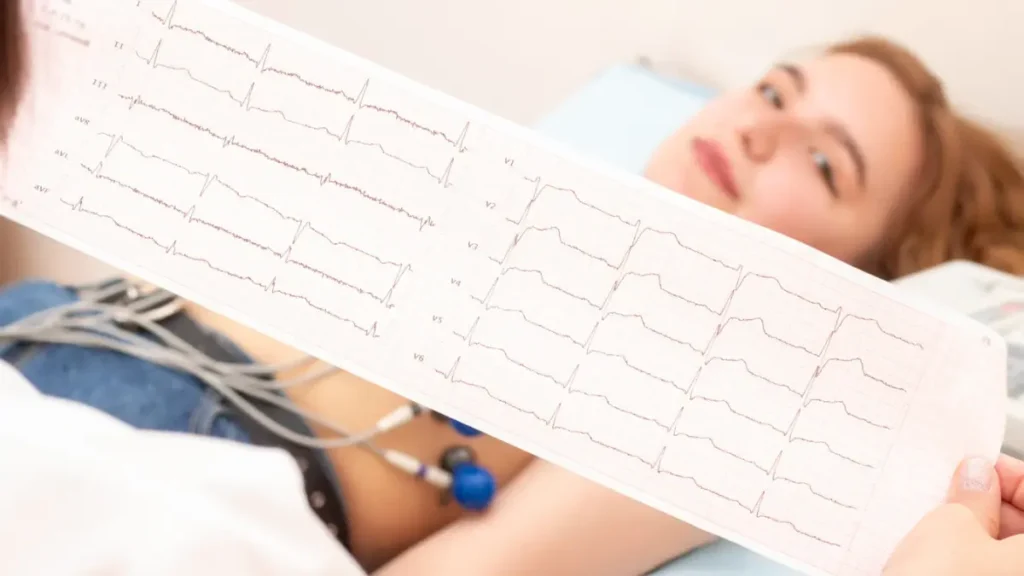 Mężczyzna podczas badania wysiłkowego serca na bieżni, podłączony do aparatury monitorującej pracę serca.