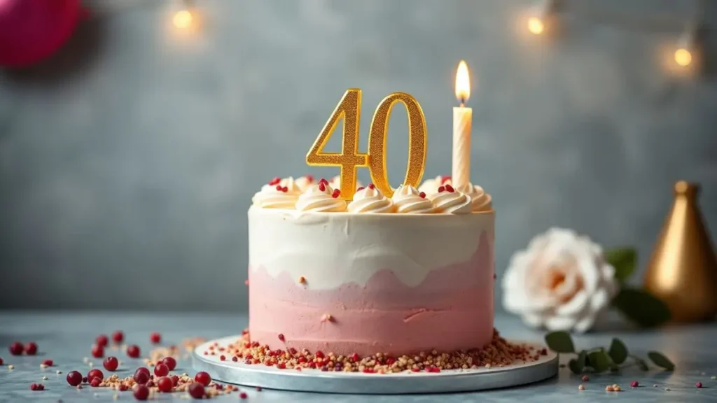 Elegancki tort na 40 urodziny z dekoracjami i świeczką z cyfrą 40