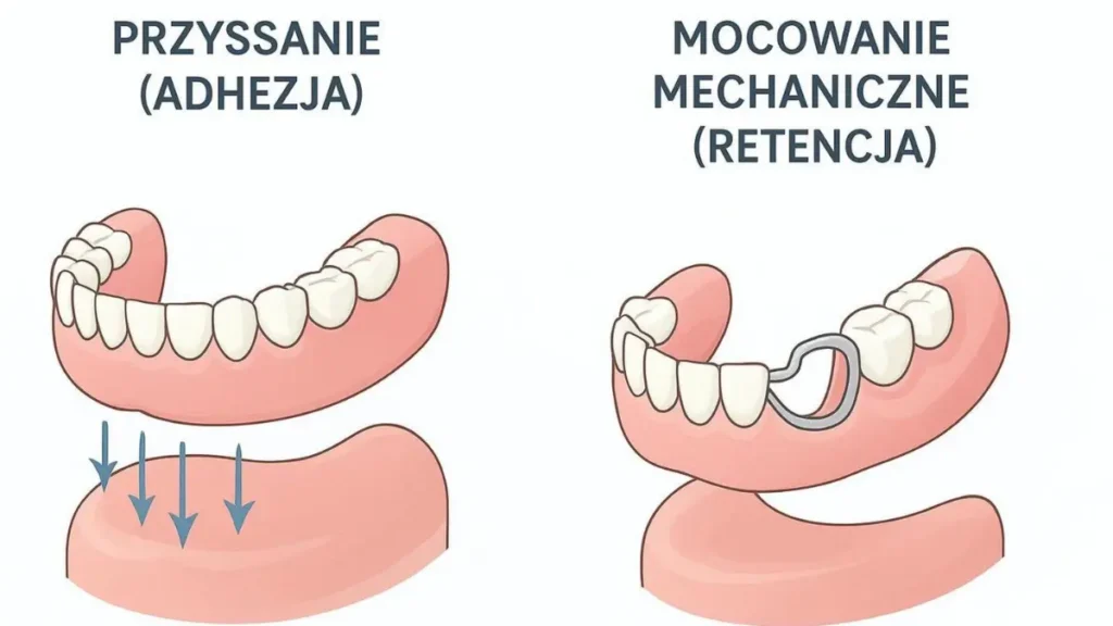 Porównanie utrzymania protez zębowych: przyssanie protezy całkowitej i mocowanie mechaniczne protezy częściowej