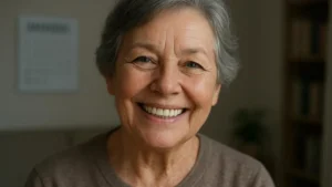 Uśmiechnięta seniorka korzystająca z nowoczesnej protezy zębowej