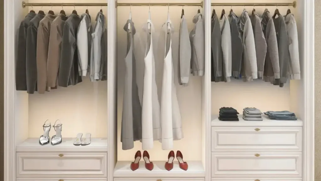 Estetyczna, minimalistyczna szafa z jasnymi ubraniami wiszącymi w równych odstępach
