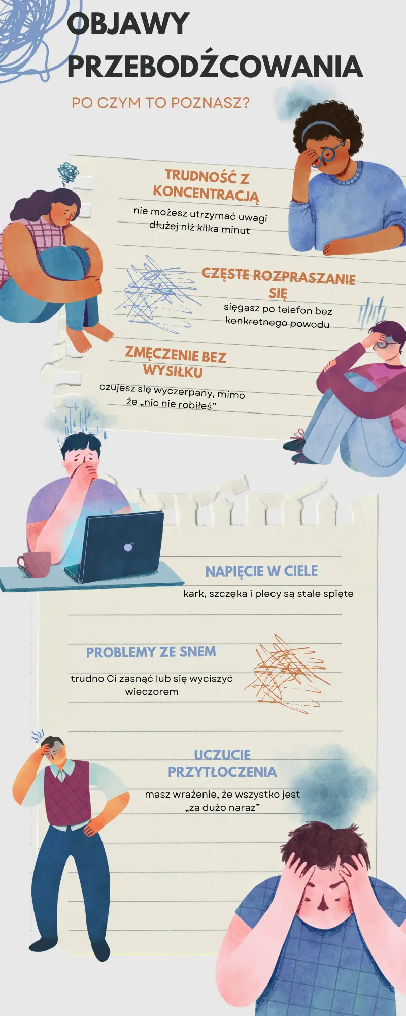 przebodźcowanie objawy zmęczenie brak koncentracji napięcie układu nerwowego infografika