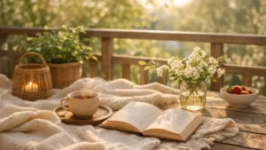 majówka 2026 spokojny poranek hygge kawa na balkonie książka i koc w słońcu