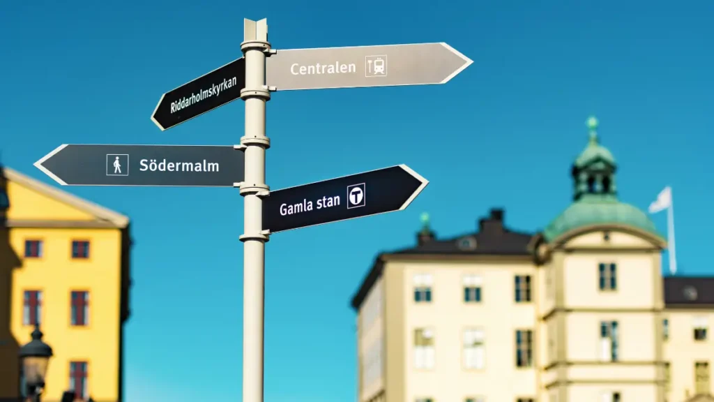 Tabliczka z nazwami Södermalm, Gamla Stan i Centralen wskazujące najpopularniejsze dzielnice oraz miejsca w Sztokholmie.