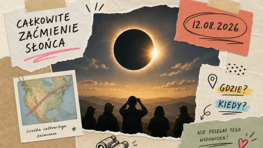 Całkowite zaćmienie Słońca 12 sierpnia 2026 widoczne na niebie podczas maksimum zjawiska.