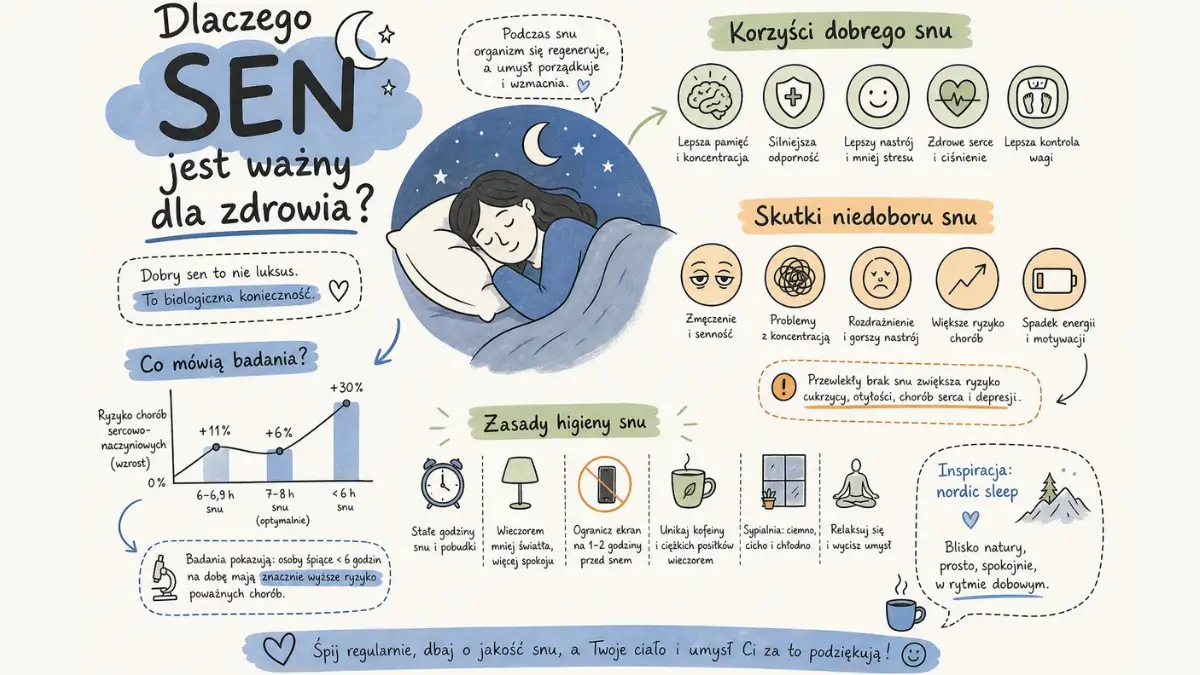 Infografika wyjaśniająca, dlaczego sen jest ważny dla zdrowia i jakie są skutki jego niedoboru.