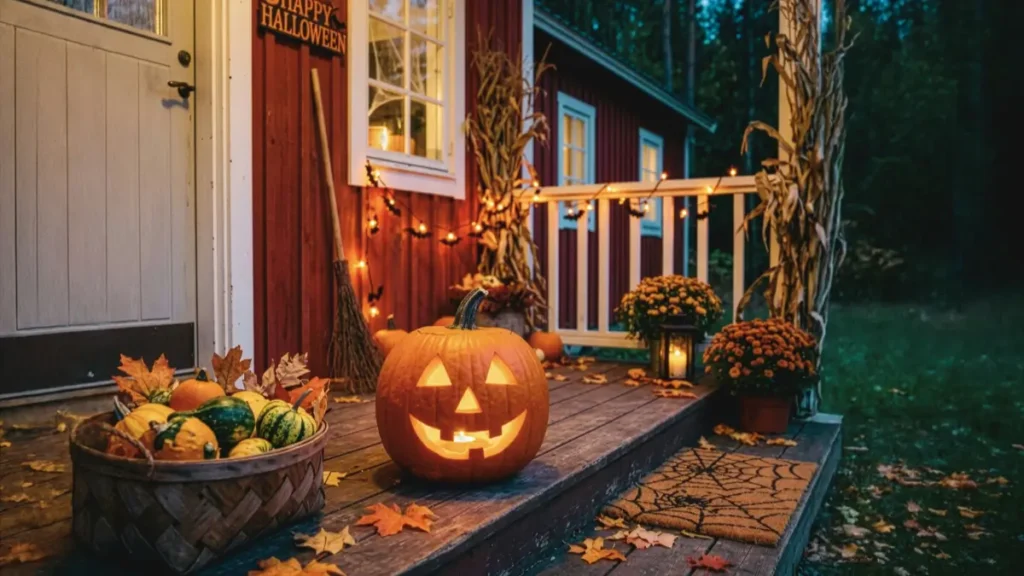 Podświetlona dynia i dekoracje Halloween przy wejściu do czerwonego drewnianego domu