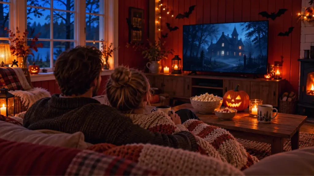 Para oglądająca film na kanapie, z popcornem i podświetloną dynią na stoliku