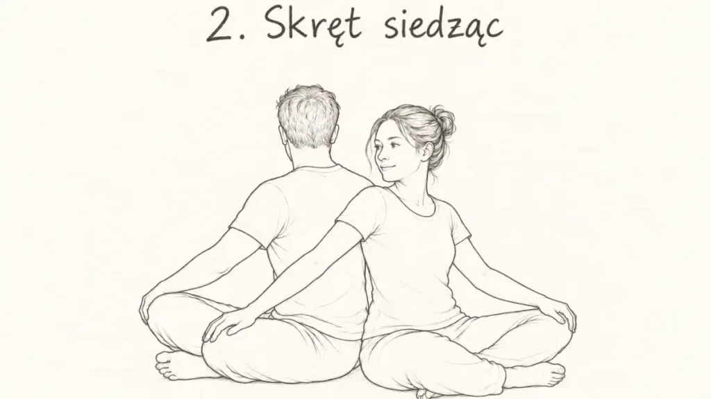 Para wykonująca skręt tułowia w siadzie plecami do siebie, z dłońmi opartymi na kolanach